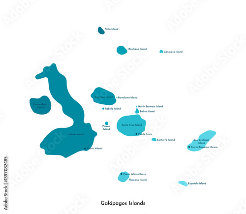 Vector isolated simplified illustration icon with blue gradient silhouette of Galapagos Islands map (part of Ecuador). Names of the island and main cities. White background