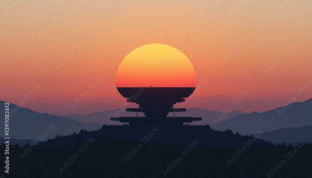 Obraz premium Sunset silhouette of ancient architecture mountain landscape digital art tranquil environment wide-angle view serenity and reflection