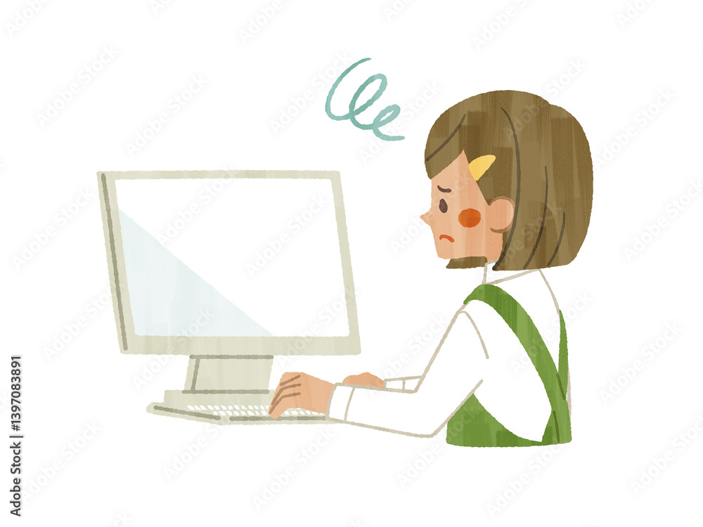 困った表情でパソコンを使っているエプロンを着用した女性-ガッシュ