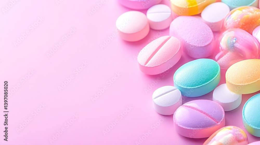 Obraz premium Colorful Assortment of Candy-Like Pills on Soft Pink Background