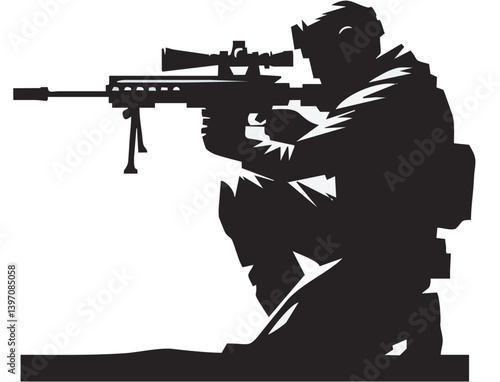 Silhouette Of A Soldier Kneeling Holding A Sniper Rifle With A Scope And Bipod On A White