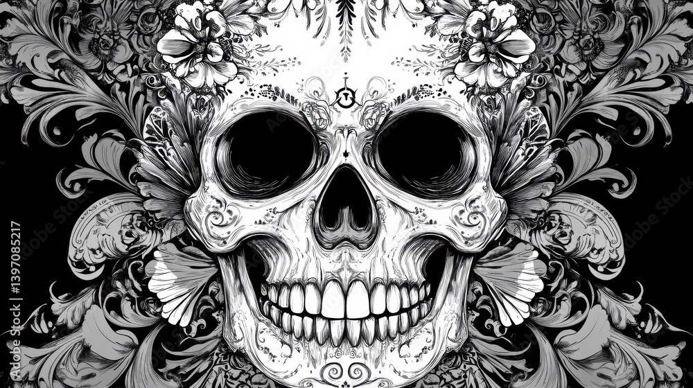 Fototapeta premium Black and white skull in intricate detail, showcasing contrast and texture. illustration