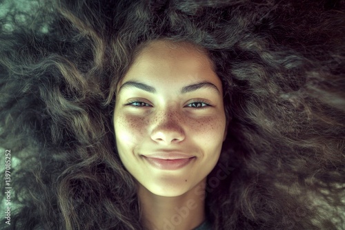 Long hairdo - afro hair. Commercial promotion creative. Gorgeous happy mixed-race girl - for ads, drive poster and digital use. African beauty advertising. Black girl creative inspiration.