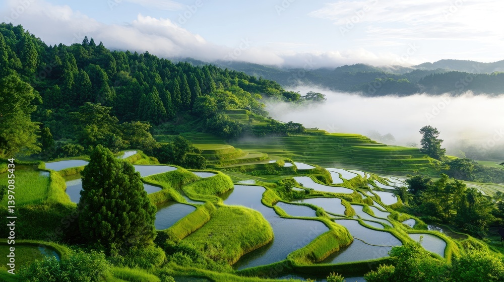 Lush Green Rice Terraces with Morning Mist in Serene Landscape