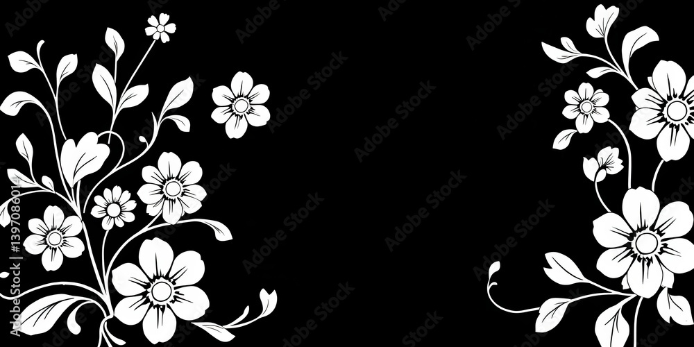 Intricate white floral pattern on black background, delicate, print Intricate white floral pattern on black background, delicate, print