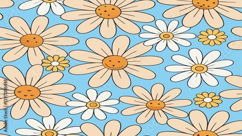 Wallpaper Mural Groovy Daisy Flower Seamless Pattern — Cute Hand-Drawn Floral Background for Fabric, Wallpaper, or Prints Torontodigital.ca
