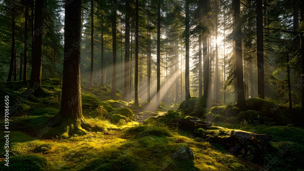 Obraz premium 朝日の差す幻想的な森