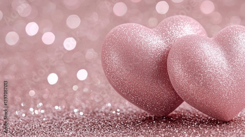 Two pink hearts on a pink sparkly background