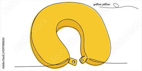 A soft yellow neck pillow, crafted to provide gentle support and comfort, enhances relaxation and ensures ease during travel or rest. continuous single line art drawing sketch on white background

