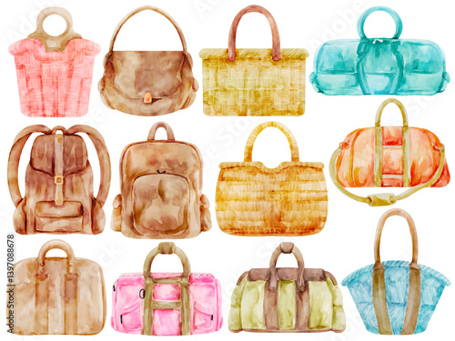 Watercolor Travel Bags Clip Art Set Hand Painted Luggage Backpack Tote Duffle Handbag Purse Suitcase Satchel Accessory Collection Illustration