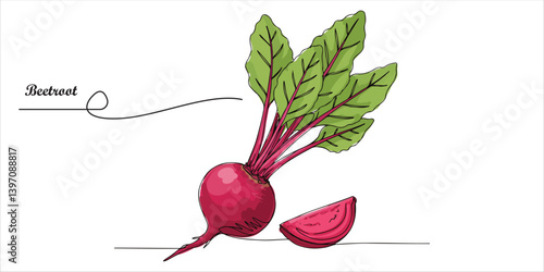 A vibrant red beetroot, accompanied by its fresh green leaves and a partially cut leaf, highlights its natural and wholesome appeal.

