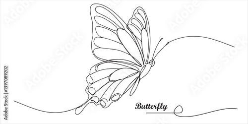 Butterfly flying continuous single line art drawing sketch on white background