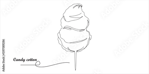 Candy cotton sweet dessert continuous single line art drawing sketch on white background