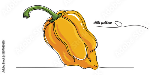 A fiery yellow habanero chili, recognized for its intense heat and vibrant hue, serves as a bold and striking hot pepper. continuous single line art drawing sketch on white background

