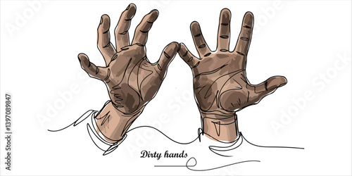 Dirty man hands continuous single line art drawing sketch on white background