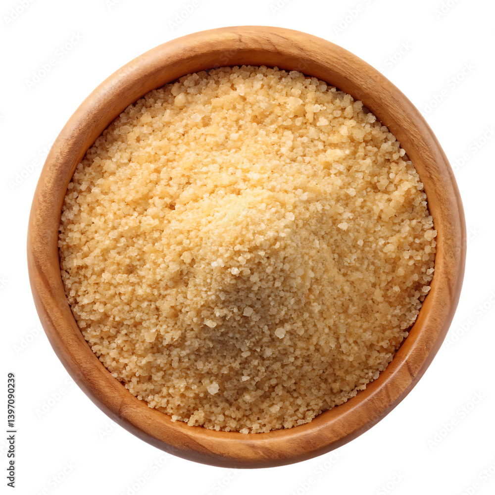 A wooden bowl filled to the brim with light brown sugar crystals close up on transparent background