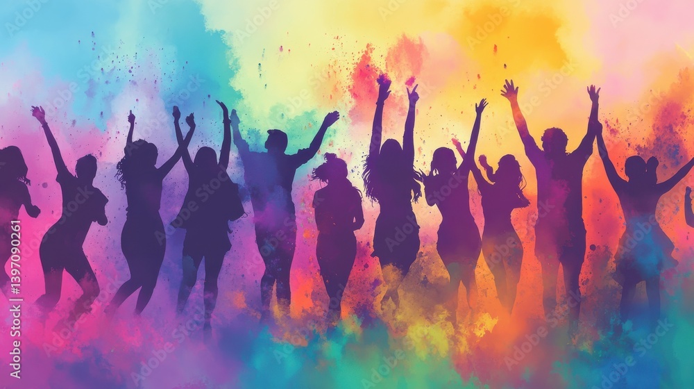 colorful holi festival celebration with silhouettes of people dancing and throwing colors in the air illustration colorful holi festival celebration with silhouettes of people dancing and throwing colors in the air illustration