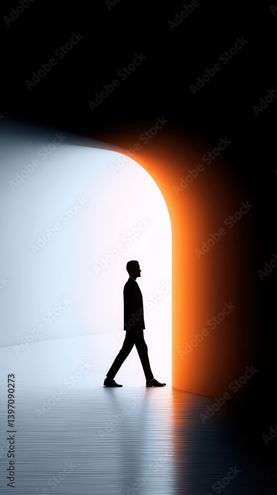 Fototapeta premium A silhouette of a person walking through a brightly lit archway, contrasting with the dark background, symbolizing transition and exploration.