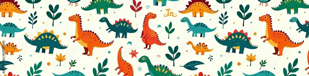Whimsical seamless pattern with adorable dinosaurs, wallpaper, cartoon, cheerful Whimsical seamless pattern with adorable dinosaurs, wallpaper, cartoon, cheerful