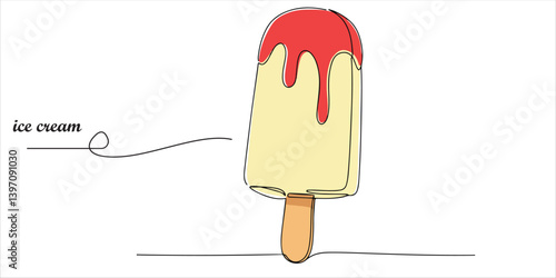 A creamy vanilla popsicle, drizzled with luscious strawberry sauce, is served on a wooden stick, offering a refreshing and delightful treat.

