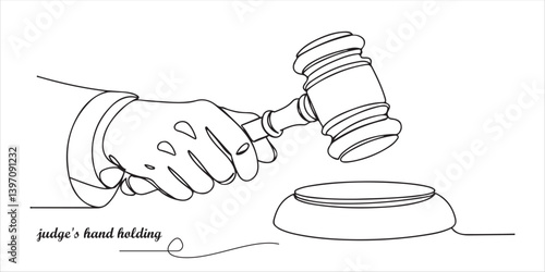 A judge's hand firmly grasps a gavel, poised to deliver a decision with authority and precision. continuous single line art drawing sketch on white background

