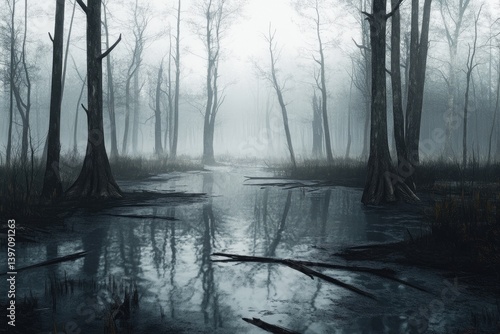 Fototapeta Naklejka Na Ścianę i Meble -  A misty, eerie swamp forest scene reflects in the still water.