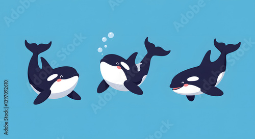 Three cartoon orcas in various playful poses, rendered in a flat, colorful style on a solid blue background