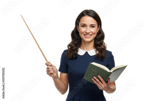 Isolated Cheerful Teacher Holding Book and Pointer Ready to Educate