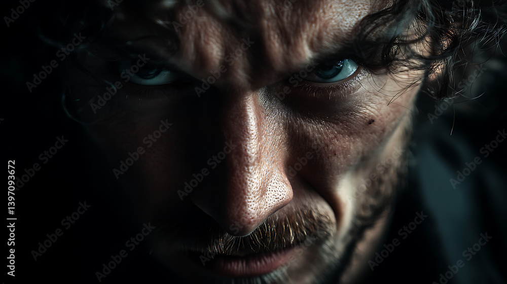 Obraz premium Angry man's emotional portrait close-up male face with intense expression dramatic lighting