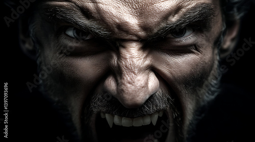 Angry man with intense expression close-up emotional portrait dramatic lighting in dark environment
