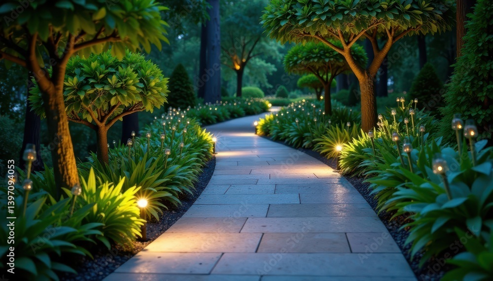 Obraz premium Curving pathway, embedded lights highlight sleek stones & vibrant greenery , smooth, greenery