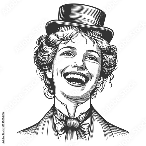 happy woman in a vintage top hat and bow tie, laughing with genuine expression sketch engraving generative ai fictional character vector illustration. Scratch board imitation. Black and white image.