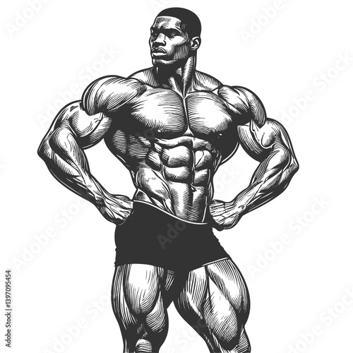 strong, muscular man african-american with a focused expression, symbolizing confidence, power, and athleticism sketch engraving generative ai vector illustration. Scratch board. Black and white image