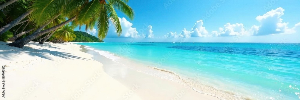 Tranquil white sand beach, azure waters gently lapping shore , wave, travel Tranquil white sand beach, azure waters gently lapping shore , wave, travel