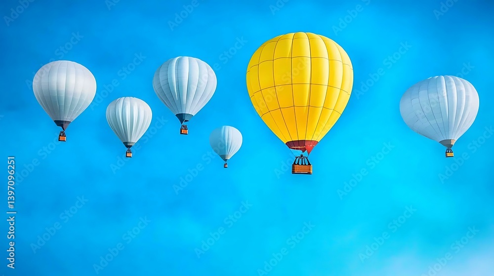 Naklejka premium A colorful hot air balloon festival with balloons in various shapes and sizes floating against a bright blue sky, offering a breathtaking view
