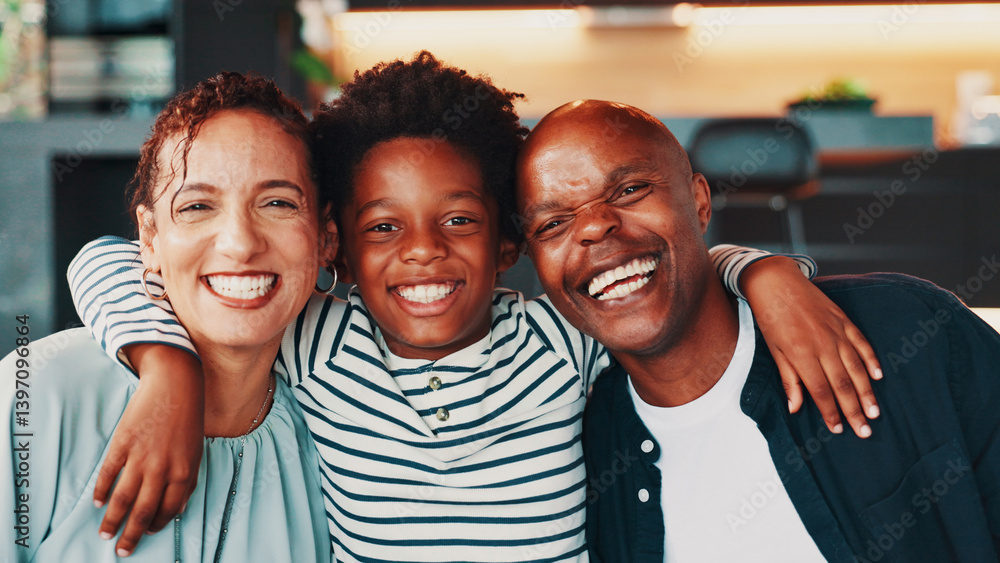Fototapeta premium Portrait, hug and parents with son, smile and bonding together with love in lounge. Face, African family or mother on sofa, father or boy with happiness, embrace or home with trust, joyful and relax