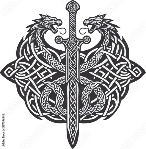 Celtic knot design, intricate dragon motif, symmetrical composition, ornate sword centerpiece, black and white illustration, detailed linework, Norse mythology inspired, Viking art style, circular emb