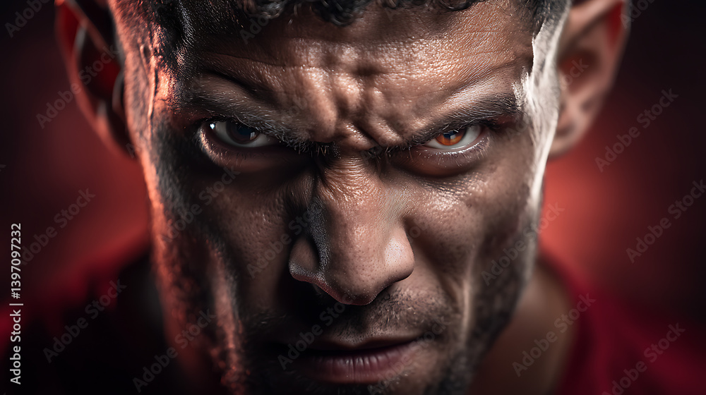 Angry man's emotional portrait close-up male face with intense expression and dramatic lighting Angry man's emotional portrait close-up male face with intense expression and dramatic lighting