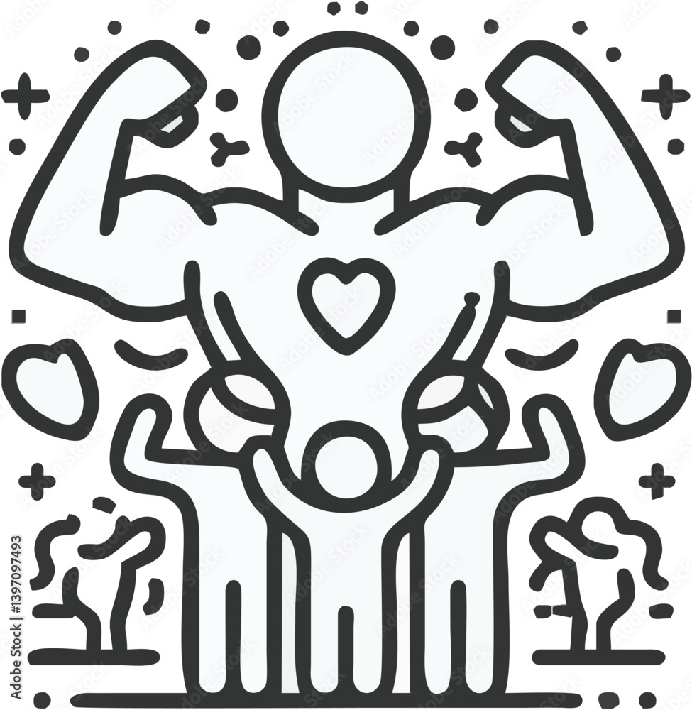 Line art, minimalist icon, strong figure flexing muscles, heart symbol, abstract human form, geometric shapes, circles, positive energy, empowerment, health and fitness concept, black and white illust Line art, minimalist icon, strong figure flexing muscles, heart symbol, abstract human form, geometric shapes, circles, positive energy, empowerment, health and fitness concept, black and white illust