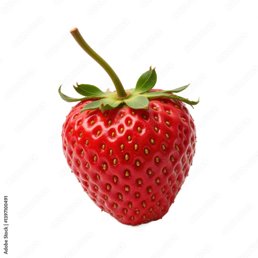 A fresh, ripe strawberry with green leaves and a stem, isolated on a white background. A fresh, ripe strawberry with green leaves and a stem, isolated on a white background.