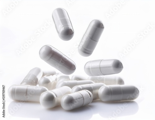 Falling white medicine pills capsule isolated on white background