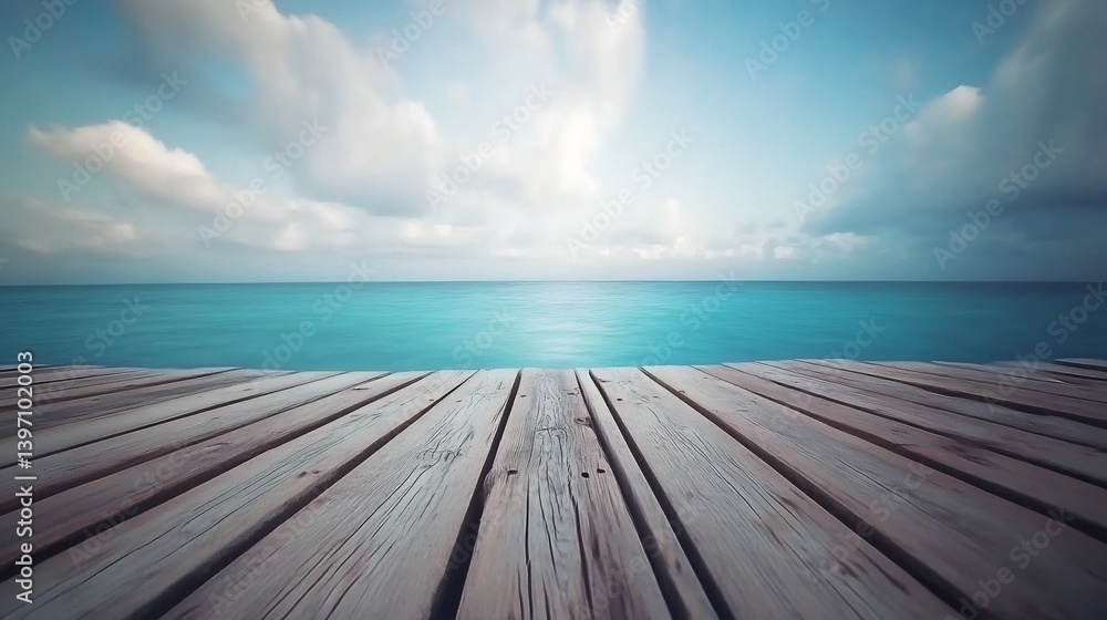 Fototapeta premium Wooden fishing dock with only the blue ocean in color beneath a cloudy sky