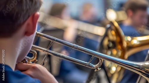 High School Jazz Band Rehearsal with Focus on Trombone Player