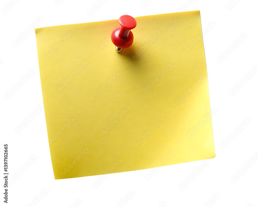 A yellow sticky note attached with a red push pin on transparent background A yellow sticky note attached with a red push pin on transparent background