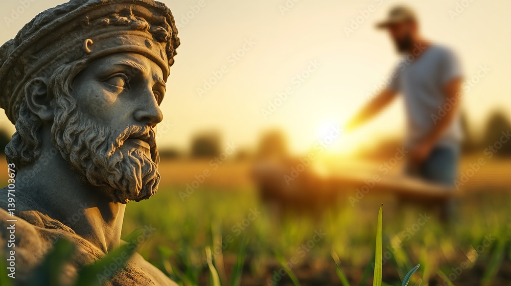 Farmer Uncovering Ancient Roman Statue in Serene Sunset Setting on Agricultural Land Farmer Uncovering Ancient Roman Statue in Serene Sunset Setting on Agricultural Land