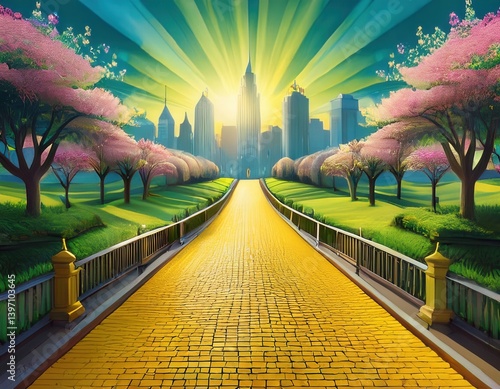 Enchanted yellow brick road leading to magical emerald city in springtime Fantasy Oz Mag