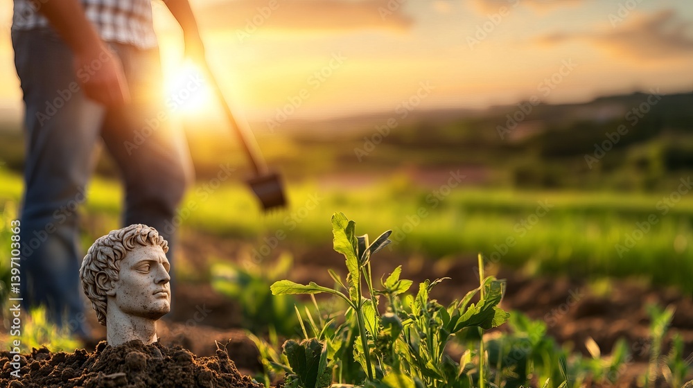 Farmer Uncovering Head of Roman Statue in Sunlit Field During Archaeological Discovery