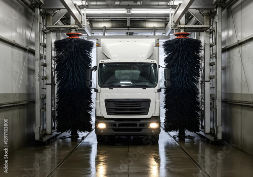 A white box truck inside an automatic wash tunnel
