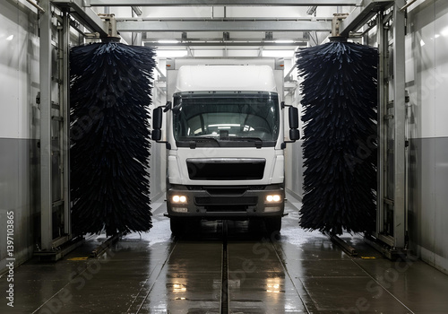 A white box truck inside an automatic wash tunnel