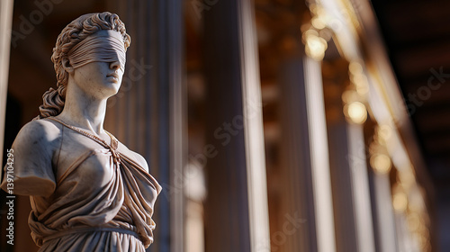 Blindfolded Roman Statue of Justice Framed by Marble Columns in Classical Architecture Setting
